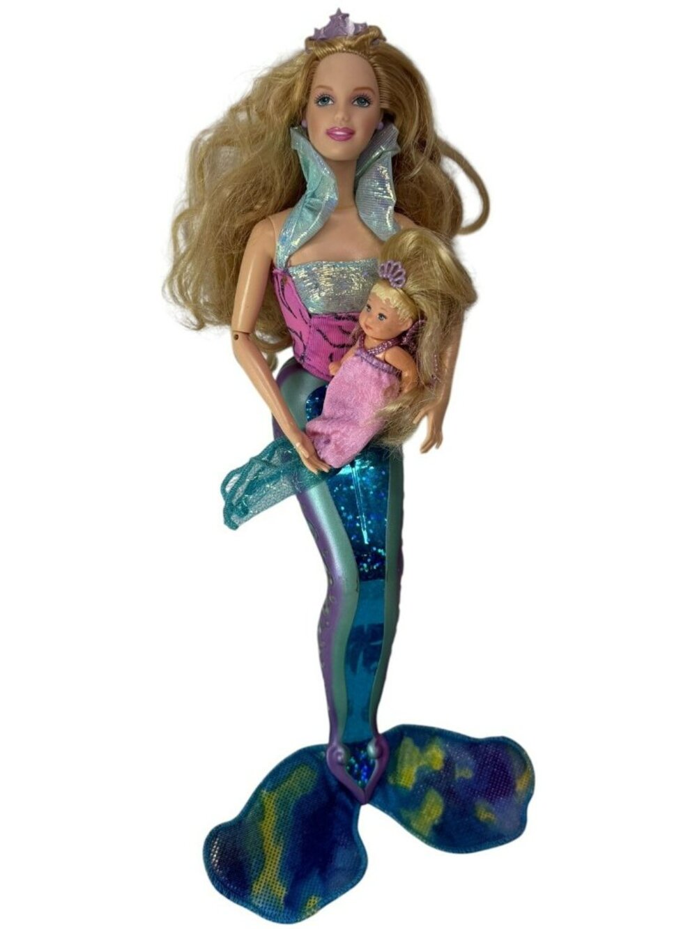 WORKS! Vintage 2000 Magical Mermaids Barbie Doll w/ Baby Krissy #26837 Lights Up